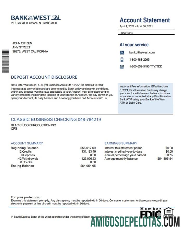 Exemplo de declaração do Banco da Cisjordânia dos EUA